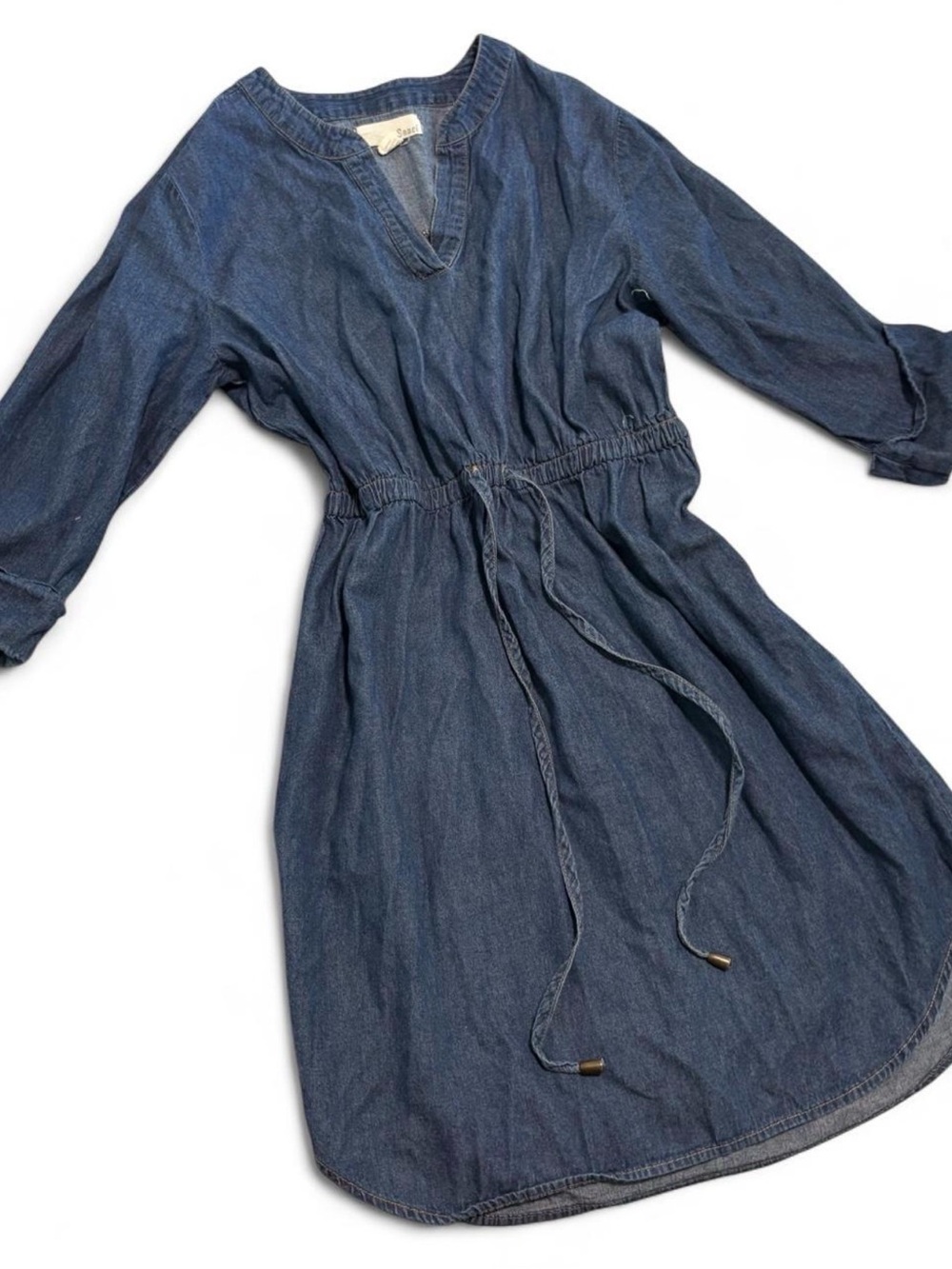 Denim Drawstring Waist V-Neck Women’s Dress - Blue